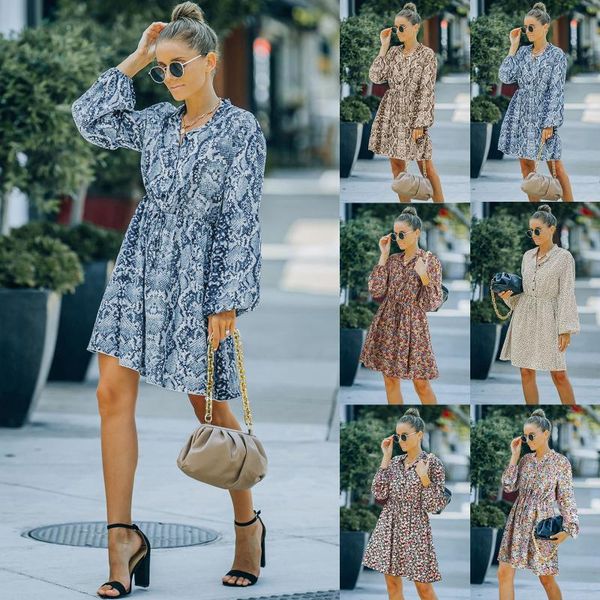 

casual dresses women's long sleeve button up tie waist floral chiffon dress, Black;gray