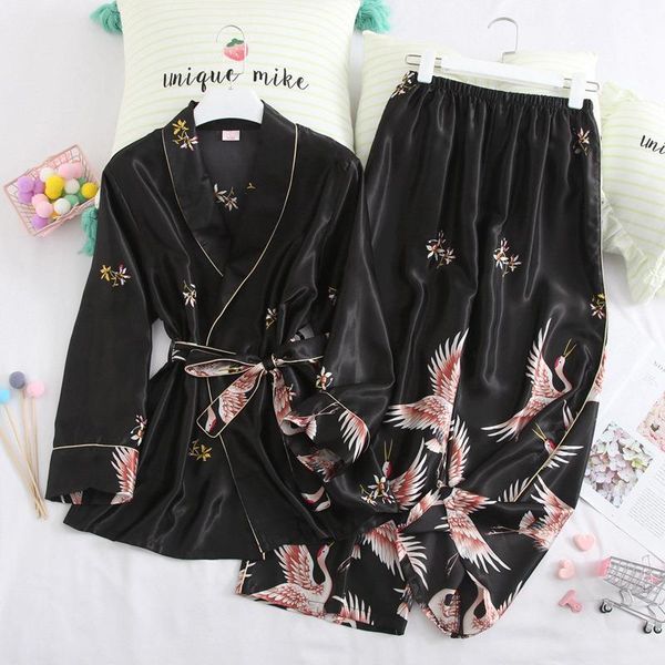

spring autumn women pajamas sets with pants silk ladies satin nightwear robe pijama long sleeve sleepwear pyjama femme, Black;red