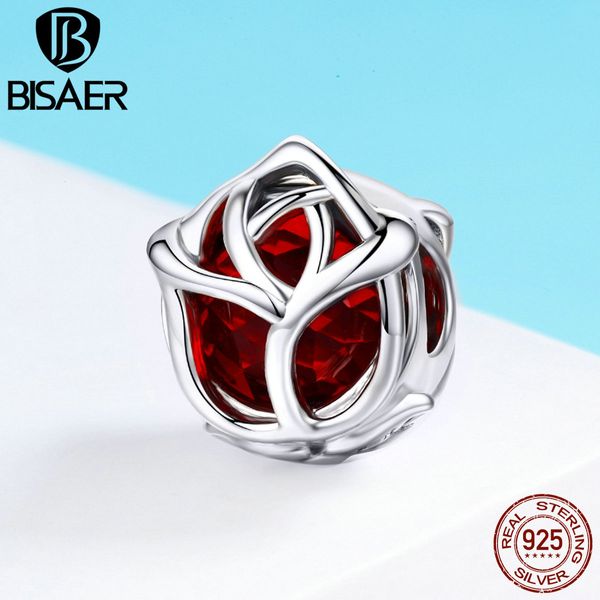 Высокое качество 100% 925 стерлингового серебра романтическая роза, цветок красных бусин подходит для подвесок браслеты браслеты стерлинговые серебряные украшения Q0531