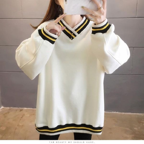 

autumn and winter new thickened loose large v-neck pullover sportswear for women, Black