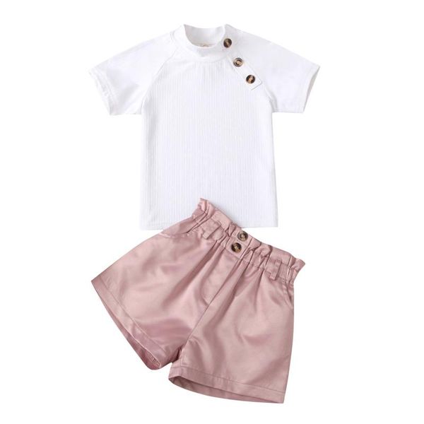 

clothing sets 2pcs toddler summerÂ outfit set girls solid color buttons short sleeves + elastic waist shorts fashion for 1-6 years, White
