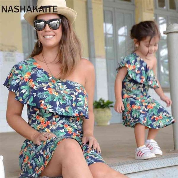 

nashakaite mom and daughter dress leaf print one shoulder mini dress for mother mommy me clothes family look 210724, Blue