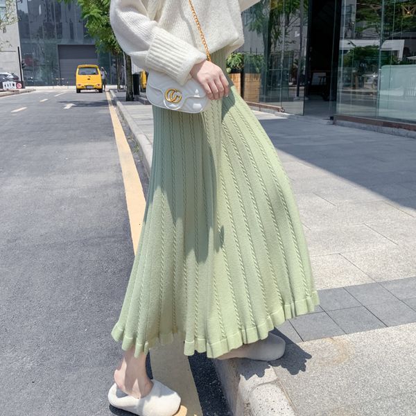 

winter mode 2021 new autumn and warm big swing shirt elastic high waist midi long to-line skirt knitted r0a0, Black
