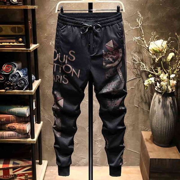 

summer thin legged sports korean casual fashion printed ice men's pants, Black