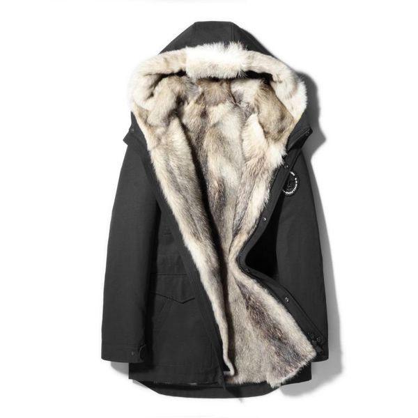 

men's leather & faux luhayesa men red fur parkas winter real wolf warm clothing male parka d quality hood jacket natural, Black