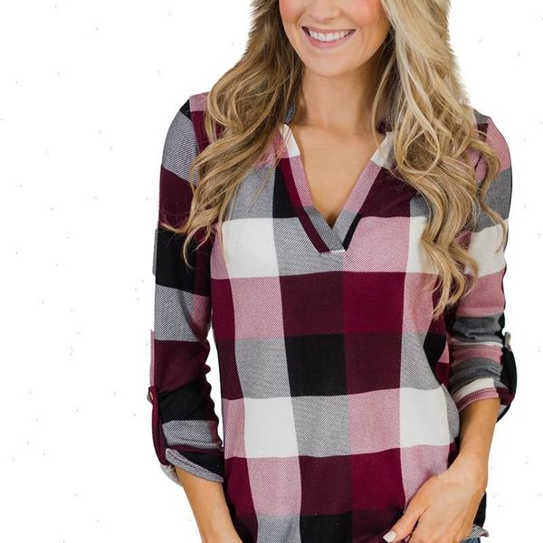 

fashion casual plaid shirt women roll up long sleeve v neck blouse ladies loose button lattice print blouse work pt, White