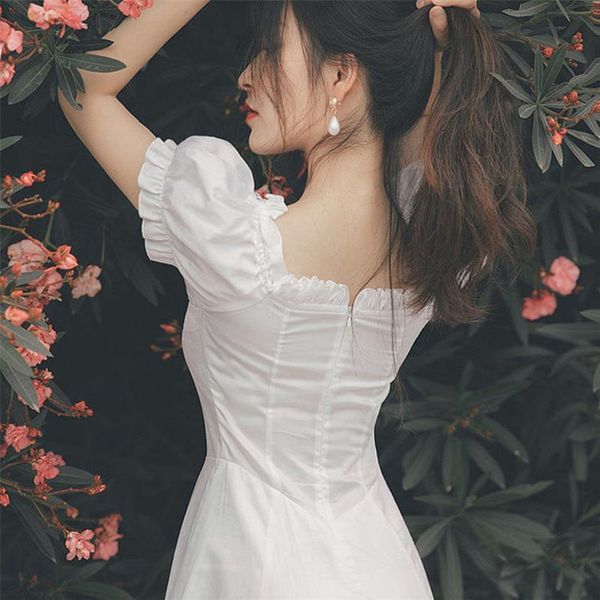 

french vintage midi dress women new summer elegant square collar puff sleeve white fairy dress retro drawstring dress, Black;gray