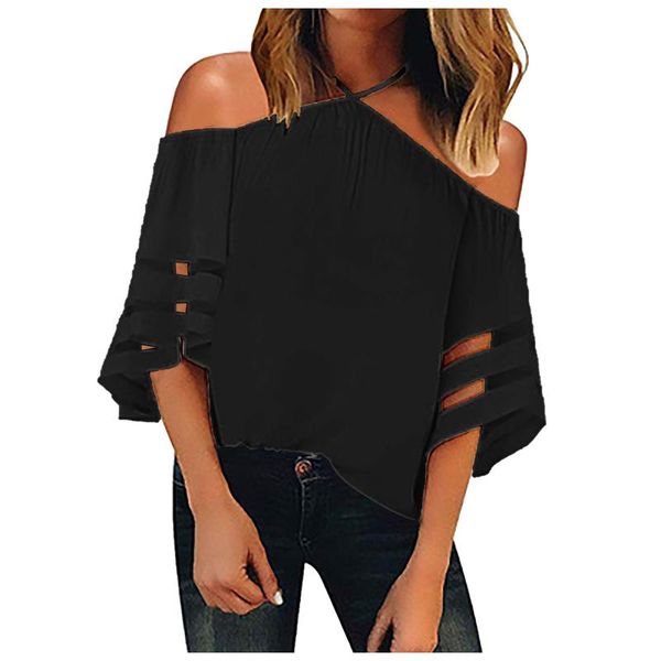 

women's t-shirt stitching hollow oversized halterneck one shoulder loose solid color chiffon summer streetwear zaraing, White