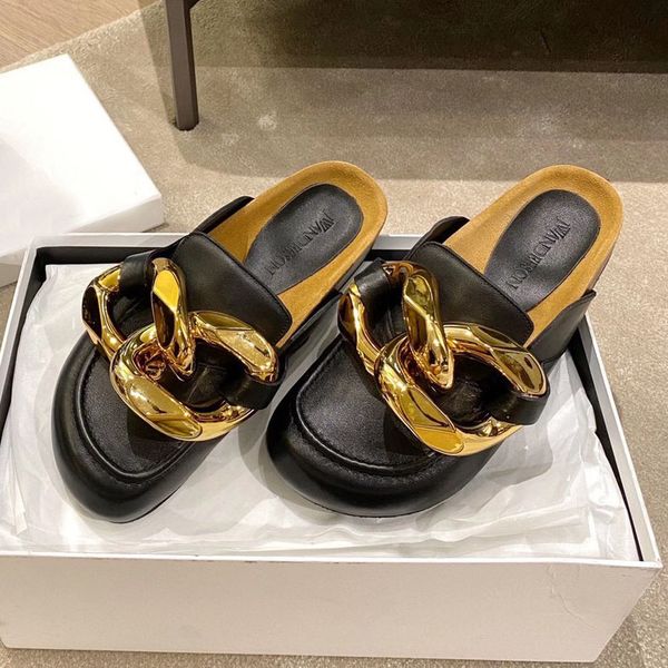 

brand new ja london women suede loafer mules casual booties wood flat heel slides big chain slippers genuine leather luxurys designers shoes, Black
