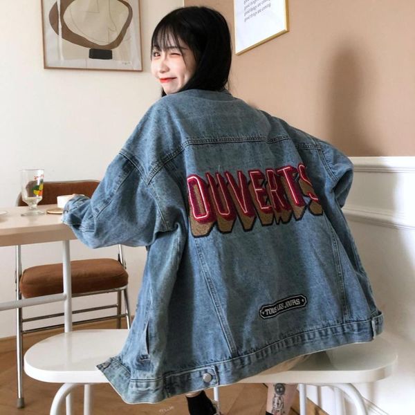 

women's jackets [ewq] 2021 spring female turn down collar single breasted long-sleeved panelled print denim blue jacket cardigan coat 8, Black;brown
