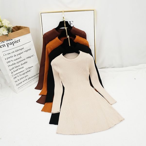 

new women vintage dress auutmn winter long sleeve slim a line short sweater dresses eleagnt ladies knitted robe vestidos mujer 210303, Black;gray