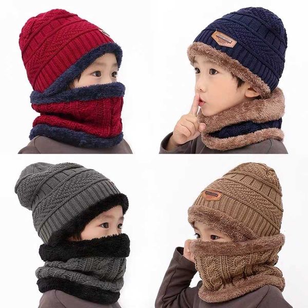 

new winter children knitted hat ring scarf sets kids warm baby plus velvet thick soft cap boys girls fleece lining beanies y201024, Blue;gray