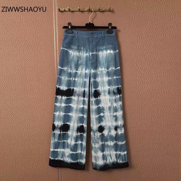 

women's jeans ziwwshaoyu 2021 fashion runway women summer sky blue tie dye polyester button loose wide leg pants