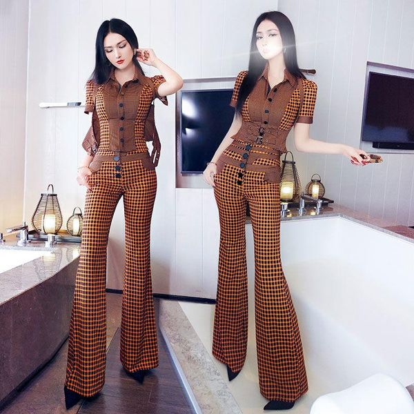

women's two piece pants women plaid sets 2021 summer lady short sleeve turn-down collar shirt +high waist long flare trousers suits, White
