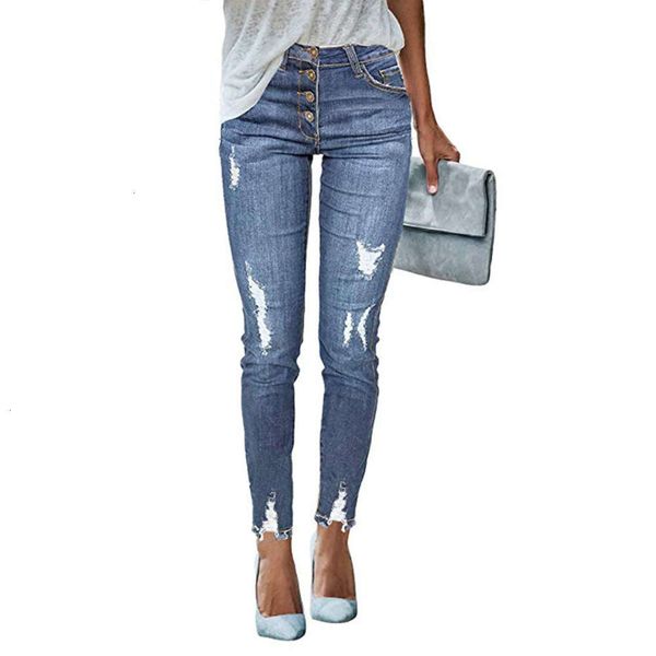 

2021high waist elastic skinny slim fit, women's jeans, holed leggings, Blue