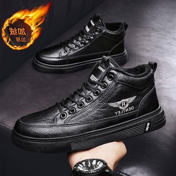 

shoes winter waterproof men's casual leather plush warm cotton high sports board black martin