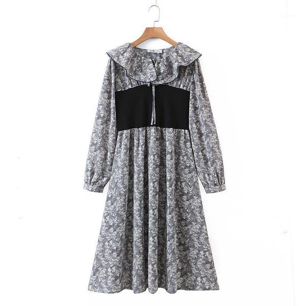 

casual dresses floral print dress for women gray flowers patchwork ruffled collar long sleeve plus size pleated clothing ladies xl-4xl, Black;gray