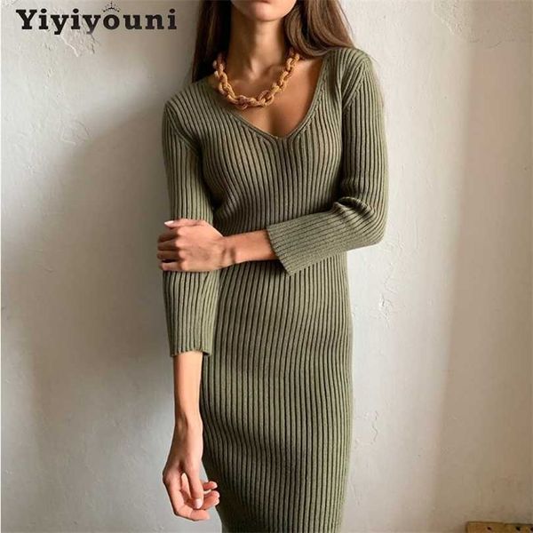 

yiyiyouni autumn v-neck knitted bodycon dres knee-length wrapped sheath long sweater female solid vestido feminino 211110, Black;gray