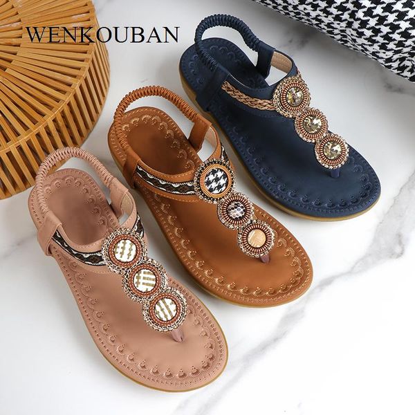 

bohemia women sandals summer casual retro flip flops ladies metallic beads thong ethnic rhinestone beach soft women flats shoes, Black