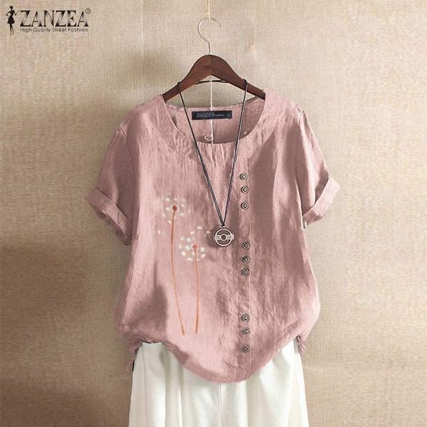 

s 5xl 2021 summer printed blouse zanzea women short sleeve shirt vintage casual bohemian cotton tunic female blusas chemise, White
