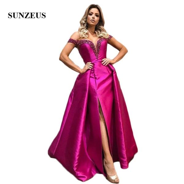 

party dresses vestido de noiva evening dress deep v neck vintage off shoulder elegant fuchsia beaded formal gown front slit, White;black