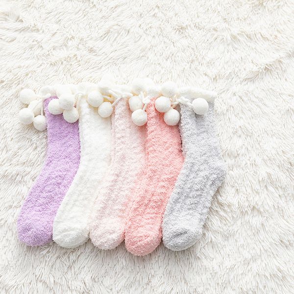 

women girls solid color middle-tube socks with plush pompom cute coral fleece floor slippers socks daily casual socks for boots, Silver