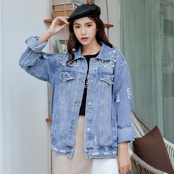 

women's jackets 2021 cacual blue wash long sleeve jean jacket women pearl beading denim bomber coat big size, Black;brown