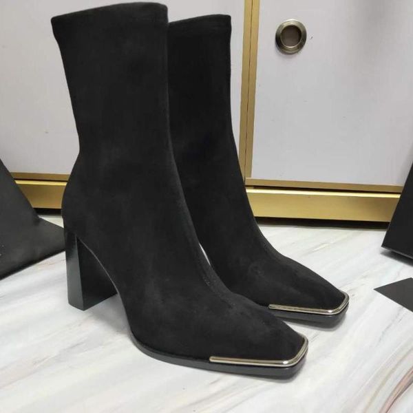 

boots vallu2021 winter fashion square head metal high heel comfortable and versatile street shooting king women's, Black