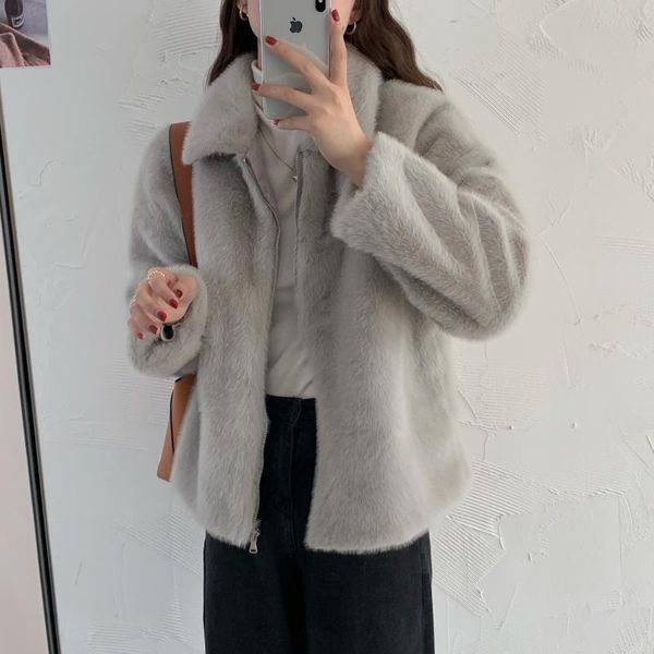 

women's fur & faux coat female imitation mink velvet loose wool small gentle wind cardigan, Black