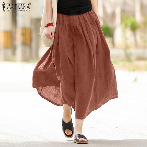 

skirts 2021 summer ladies solid womens cotton linen bottoms casual soft a line skirt zanzea vintage long mujer faldas, Black