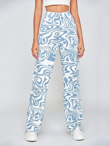 

tall high waist allover print straight jeans a6ua#, Blue