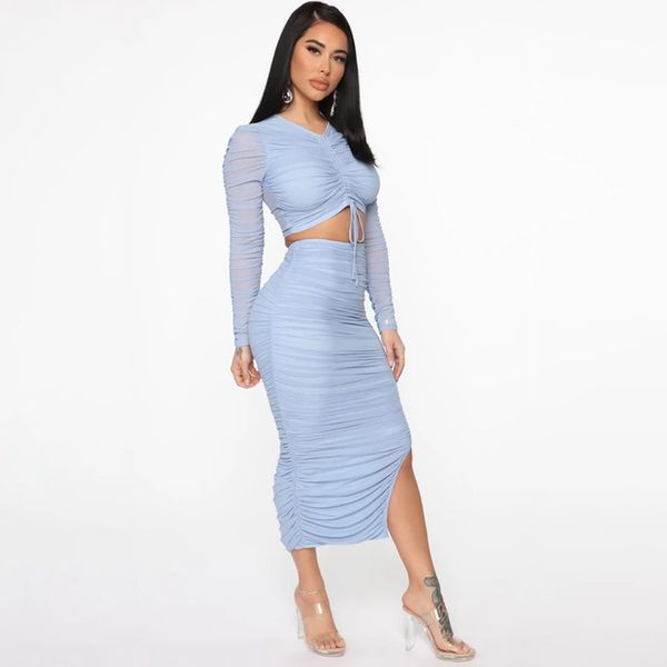 

two piece set women long sleeve v neck crop bandage pleated and mini bodycon skirt lady casual blue pink outfit, White
