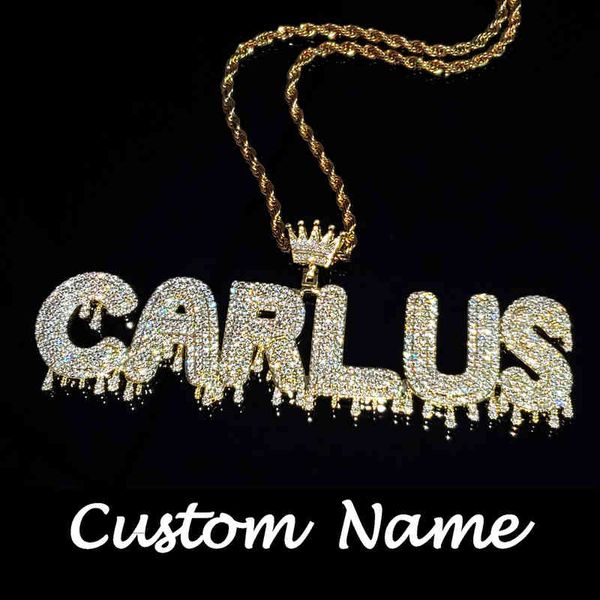 Icy Crown Bail Drip Initialen Namensschild CZ Diamant benutzerdefinierte Buchstaben Anhänger Halskette für Männer Frauen Bling Hip Hop Schmuck
