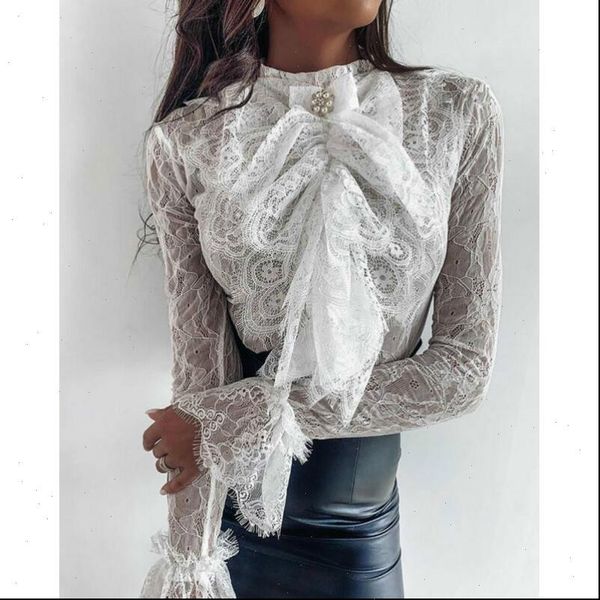 

women shirt lace blouse and casual office lady long flare sleeve bow tie ol, White