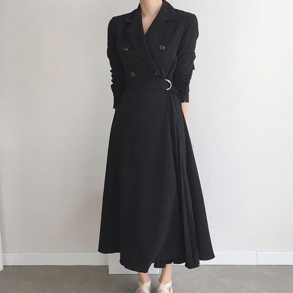 

casual dresses women long blazer with belt sleeve notched double breasted female dress nice autumn office ladies elegant vestidos, Black;gray