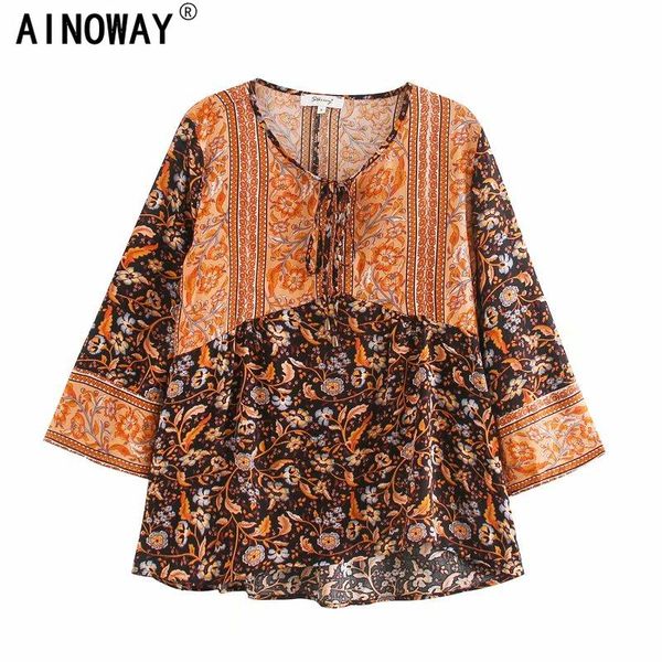 

women's blouses & shirts boho women vintage floral print tassel loose ladies lace-up o-neck batwing sleeve beach blusas mujer, White