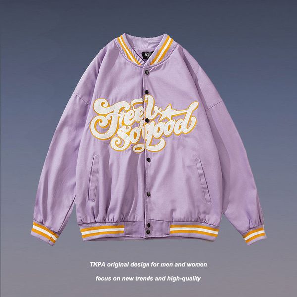 

tkpa2021 autumn winter tide brand letter embroidery contrast stitching baseball jacket loose pilot jacket men and women, Black;brown