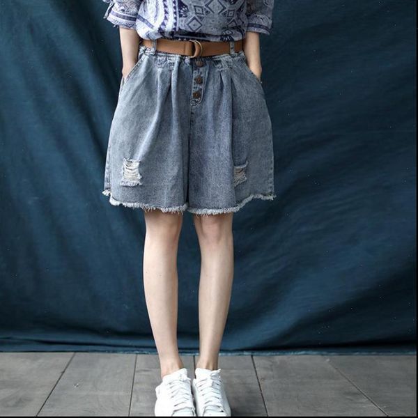 

summer loose leisure korean elastic waist wide leg shorts 2021 new comfortable pockets all match women denim shorts, Blue