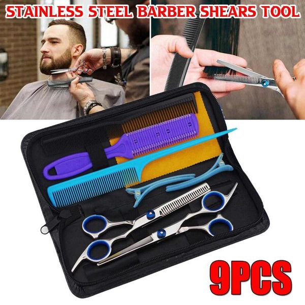 

hair scissors 9pcs 6" cutting thinning stainless barber shears comb clips kit home salon hairdressing