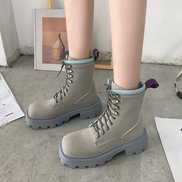 

2021 new women vintage square toe ankle boots thick sole autumn winter shoes woman gray pu leather botas mujer qrt5, Black