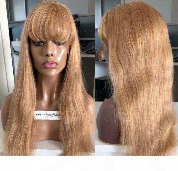 

9a grade honey blonde full lace wigs with bang european virgin human hair straight gluelss lace front wigs for black woman ing, Black;brown