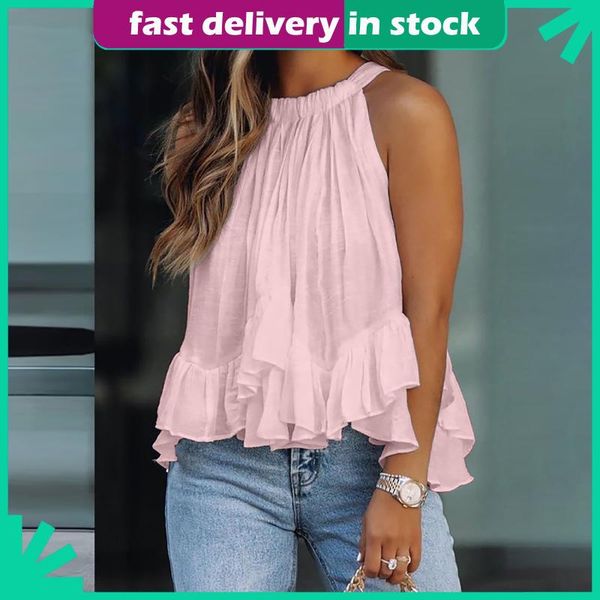 

women's blouses & shirts ruffles blouse women sleeveless vest pleated o-neck solid elegant tee tank plus size summer casual shirt, White
