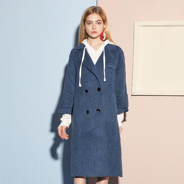 

women's wool & blends fall winter women female casual double breasted buttons long woolen coat clothes , navy beige for woman clothing, Black