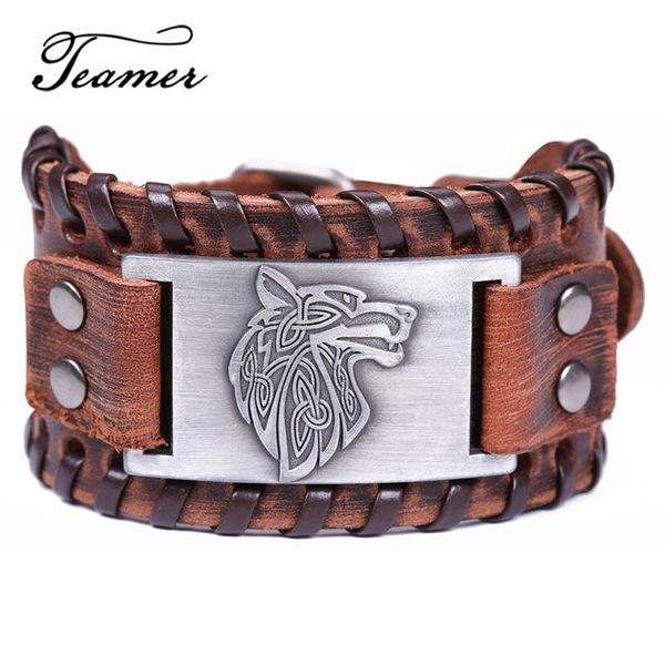 

teamer wide leather bracelets for men vintage silver color metal charms bracelet bangles adjustable amulet viking wolf jewelry, Red;blue