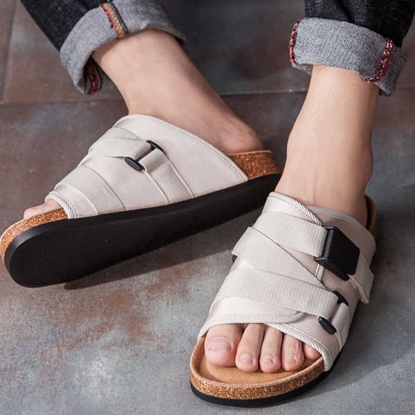 

elling 2022 fashion men beach cork slippers summer hook loop non-slip outside eva leather slide shoes male punk footwear designer classic lu, Black