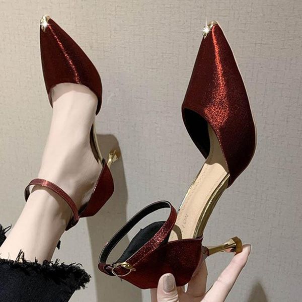 

dress shoes 2021 crystal metal pointed toe silk woman pumps buckle band sandals mujer bombas stiletto high heels women size34-40, Black