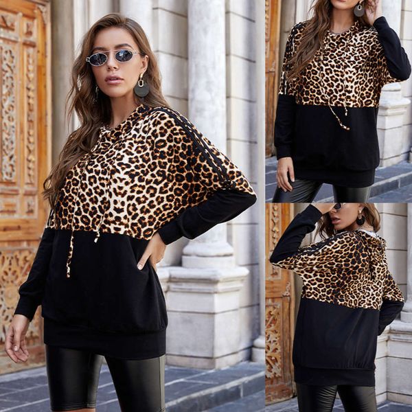 

autumn and winter print stitching long sleeve hooded casual sweater, Black