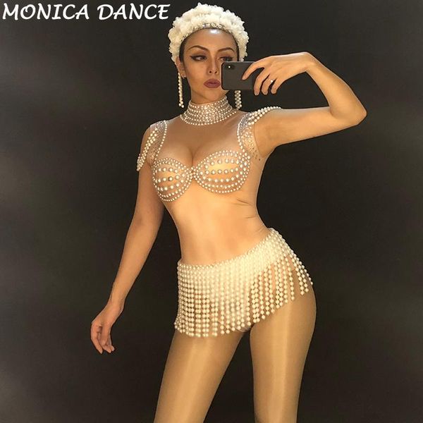 

women's jumpsuits & rompers women stage skin color bodysuit sleeveless sparkling crystals pearls jumpsuit nightclub party wear dance co, Black;white