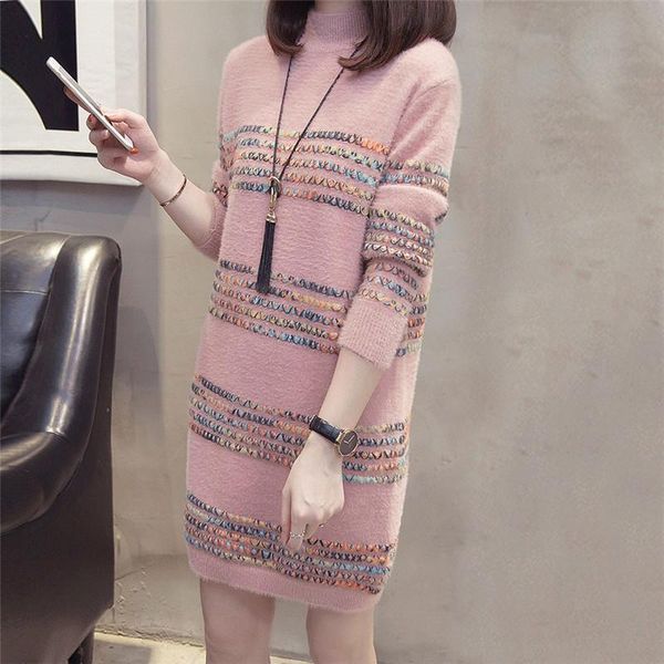 

plus size women's fall/winter mink velvet sweater fat sister 200 pounds, covering the belly slimming knitted mid-length dress, White;black