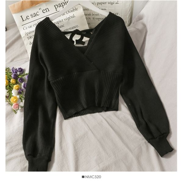 

v neck cross sleeve design long-sleeve woman's knitted shirt open back solid thin fit pulling femme winter 2021 new sueter 3krh, White;black